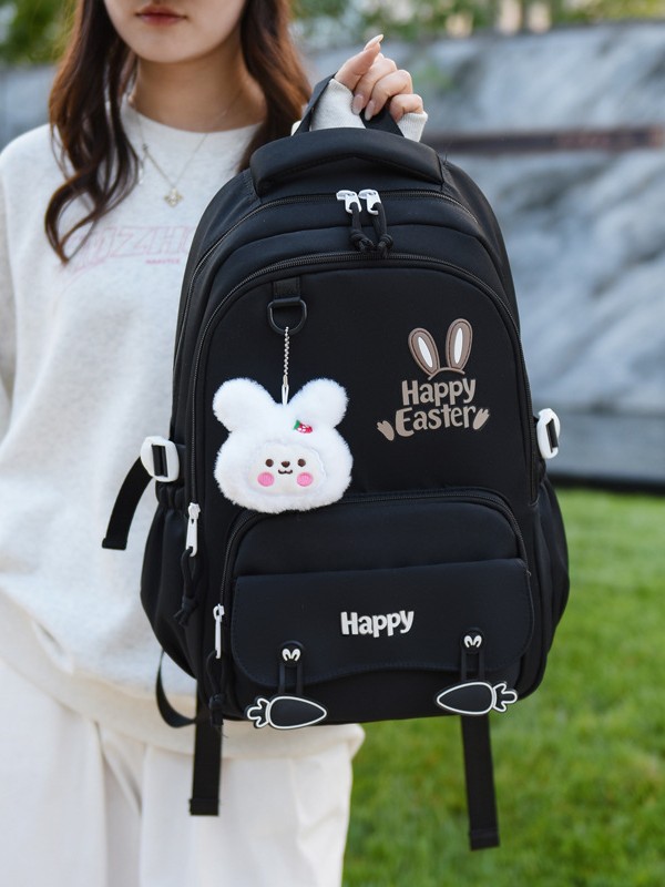 Sac à Dos Scolaire Motif Lapin Happy Easter Ergonomique Tissu Imperméable Noir SACKDS31N - حقيبة ظهر مدرسية وعصرية بتصميم الأرنب اللطيف - 4