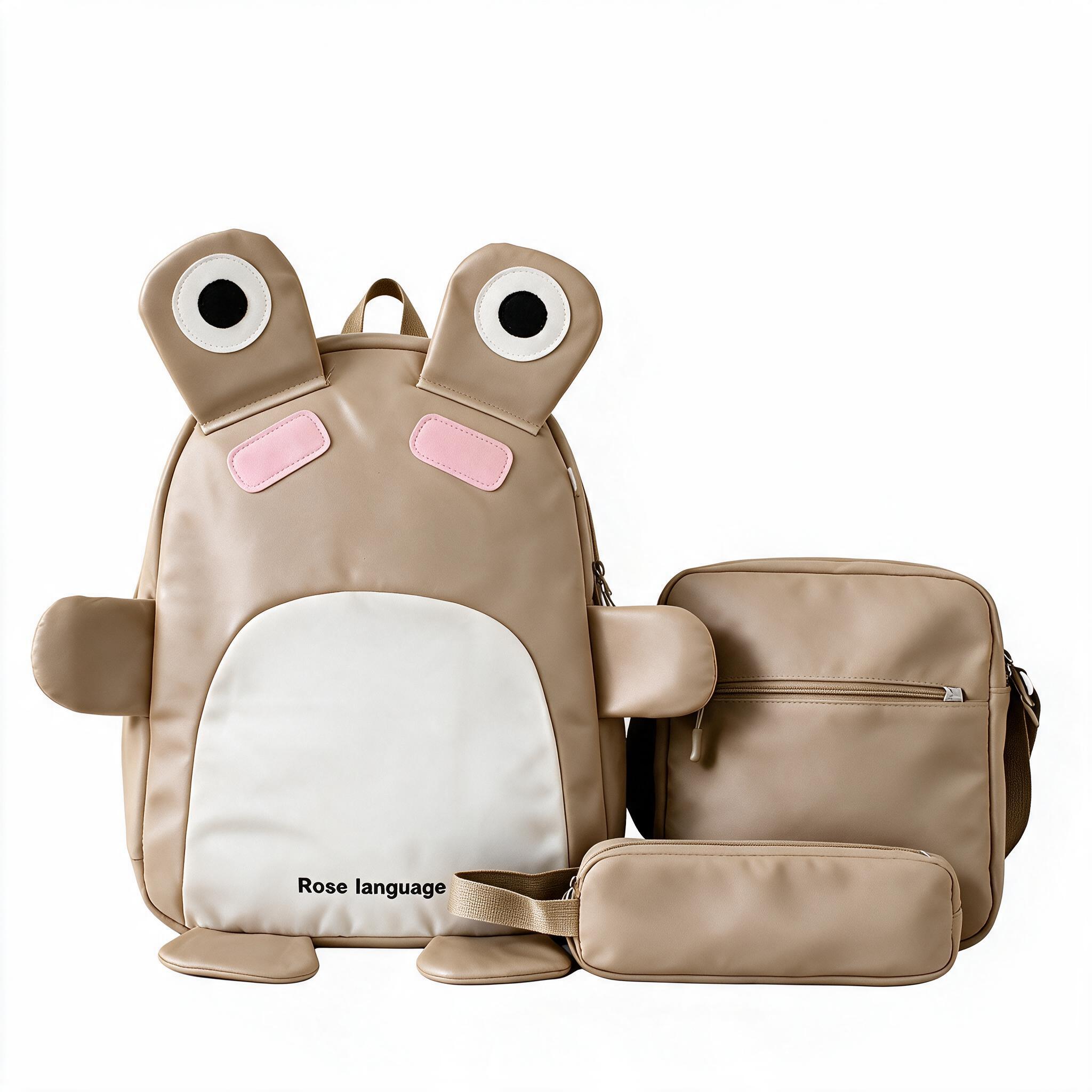 Sac à Dos Scolaires Enfant 3 en 1 Motif Grenouille Rose Language Style Dos Kawaii Marron SACKDS32MR - طقم حقائب مدرسية للأطفال 3 في 1 بتصميم الضفدع اللطيف - 2
