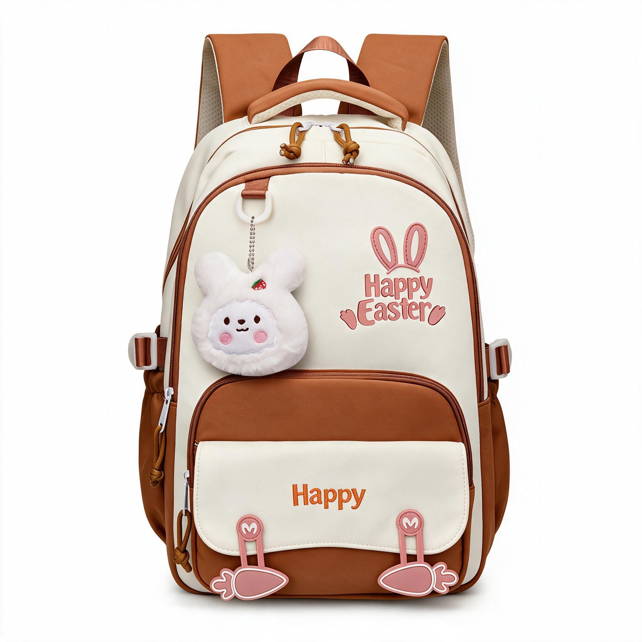 Sac à Dos Scolaire Motif Lapin Happy Easter Ergonomique Tissu Imperméable Orange SACKDS31ORG - حقيبة ظهر مدرسية وعصرية بتصميم الأرنب اللطيف - 3