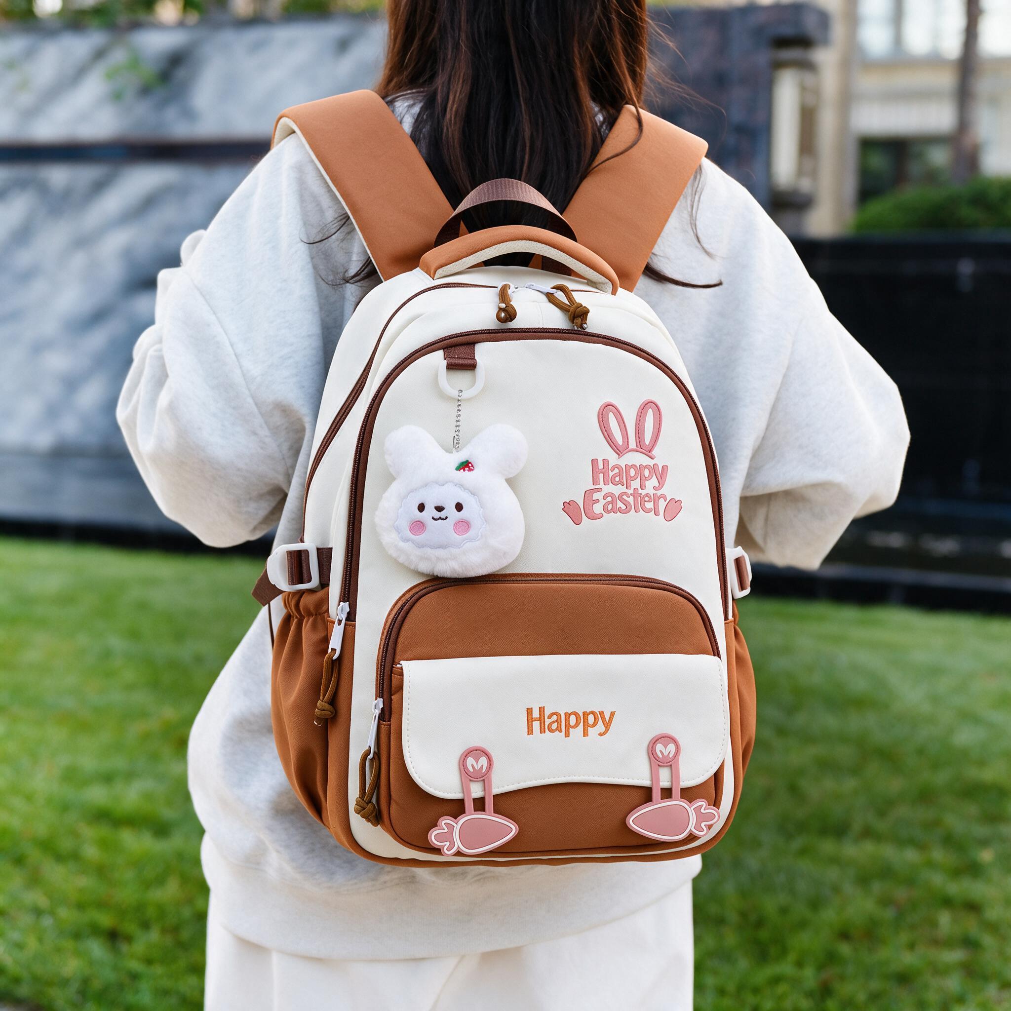 Sac à Dos Scolaire Motif Lapin Happy Easter Ergonomique Tissu Imperméable Orange SACKDS31ORG - حقيبة ظهر مدرسية وعصرية بتصميم الأرنب اللطيف - 2