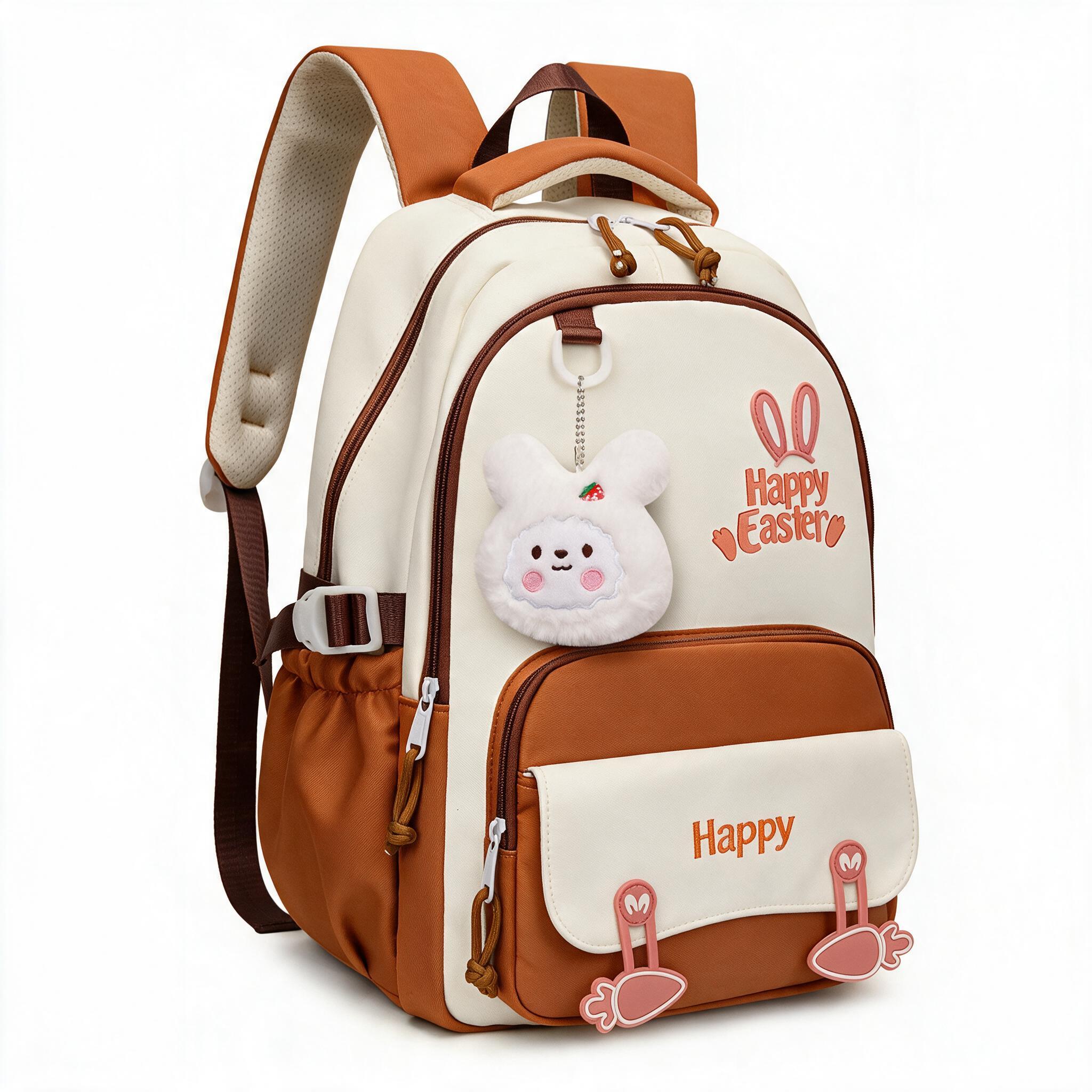Sac à Dos Scolaire Motif Lapin Happy Easter Ergonomique Tissu Imperméable Orange SACKDS31ORG - حقيبة ظهر مدرسية وعصرية بتصميم الأرنب اللطيف 2