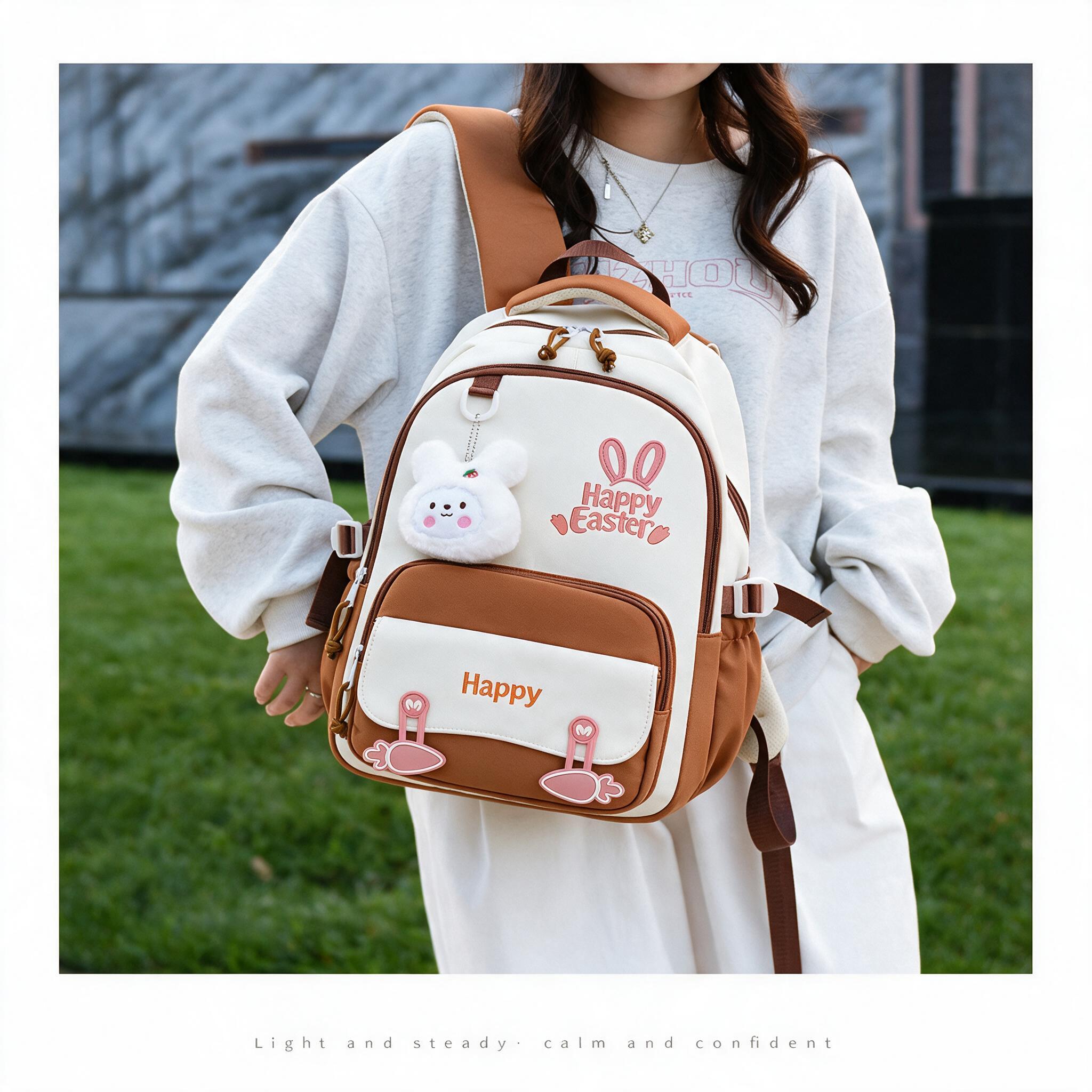 Sac à Dos Scolaire Motif Lapin Happy Easter Ergonomique Tissu Imperméable Orange SACKDS31ORG - حقيبة ظهر مدرسية وعصرية بتصميم الأرنب اللطيف 3