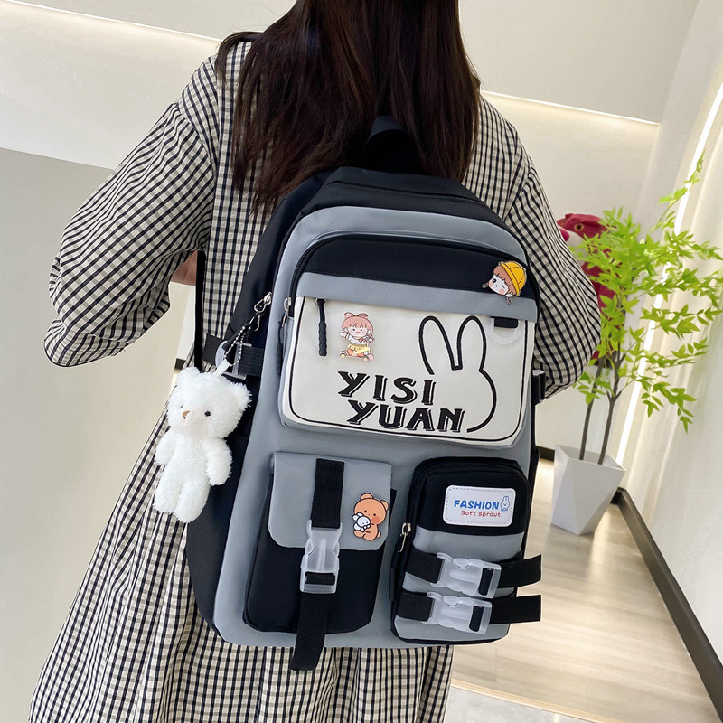 Sac à Dos Multifonctionnel Kawaii Grand Volume Imperméable et Résistant 5Pcs Noir et Gris SACKDS29NGR - حقيبة ظهر بعدة قطع بتصميم كاوايي 5