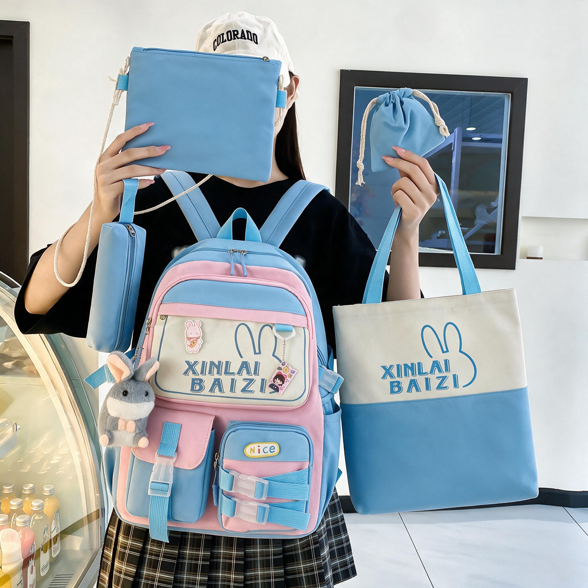 Sac à Dos Multifonctionnel Kawaii Grand Volume Imperméable et Résistant 5Pcs Bleu et Rose SACKDS29BRS - حقيبة ظهر بعدة قطع بتصميم كاوايي 4
