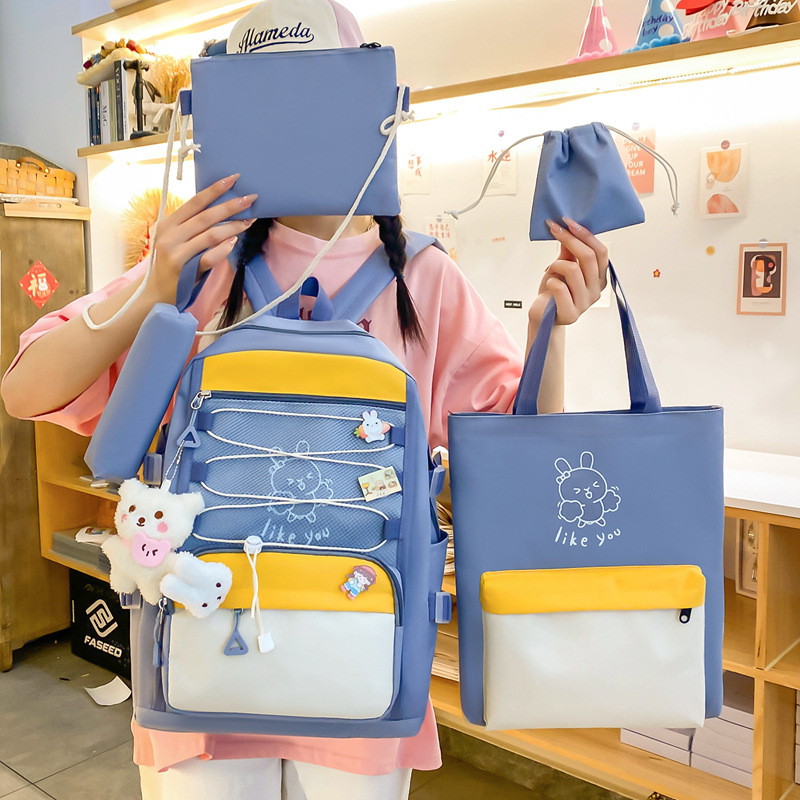 Sac à Dos Multifonctionnel Kawaii Grand Volume Imperméable et Résistant 5Pcs Bleu SACKDS33BL - حقيبة ظهر بعدة قطع بتصميم كاوايي - 5