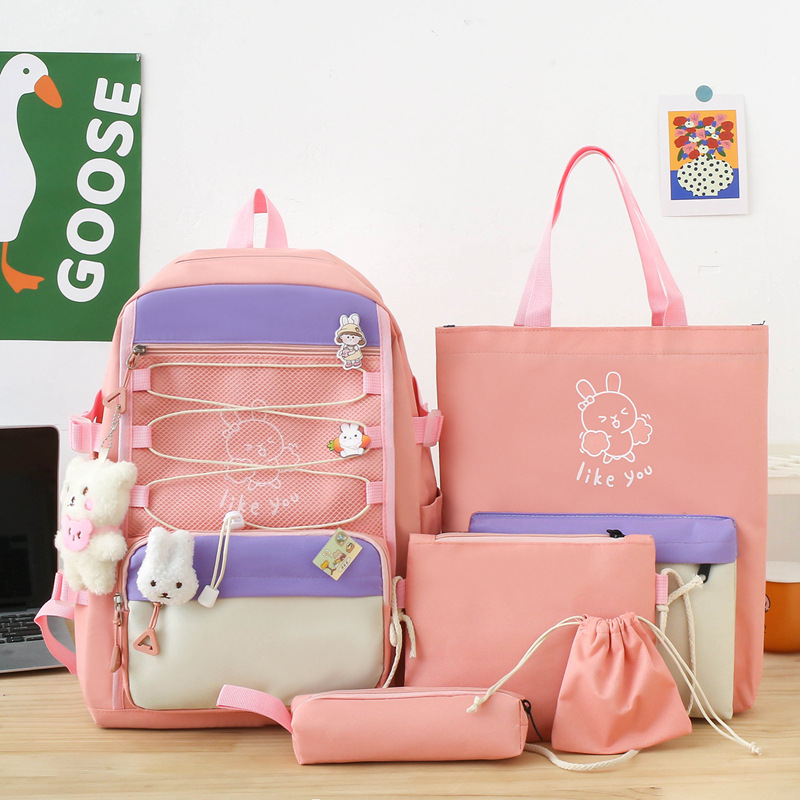 Sac à Dos Multifonctionnel Kawaii Grand Volume Imperméable et Résistant 5Pcs Rose SACKDS33RS - حقيبة ظهر بعدة قطع بتصميم كاوايي
