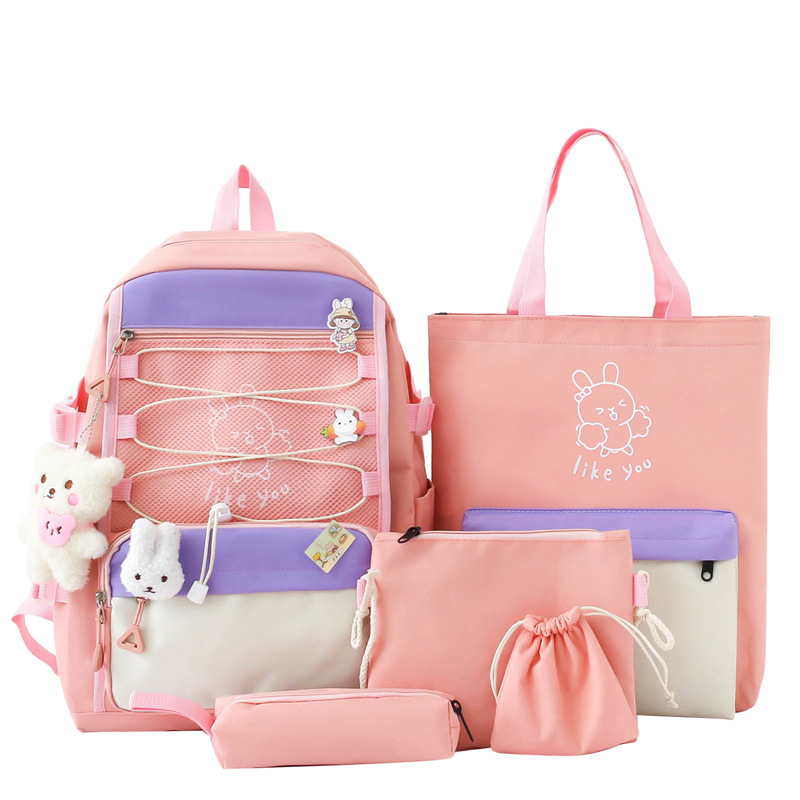 Sac à Dos Multifonctionnel Kawaii Grand Volume Imperméable et Résistant 5Pcs Rose SACKDS33RS - حقيبة ظهر بعدة قطع بتصميم كاوايي