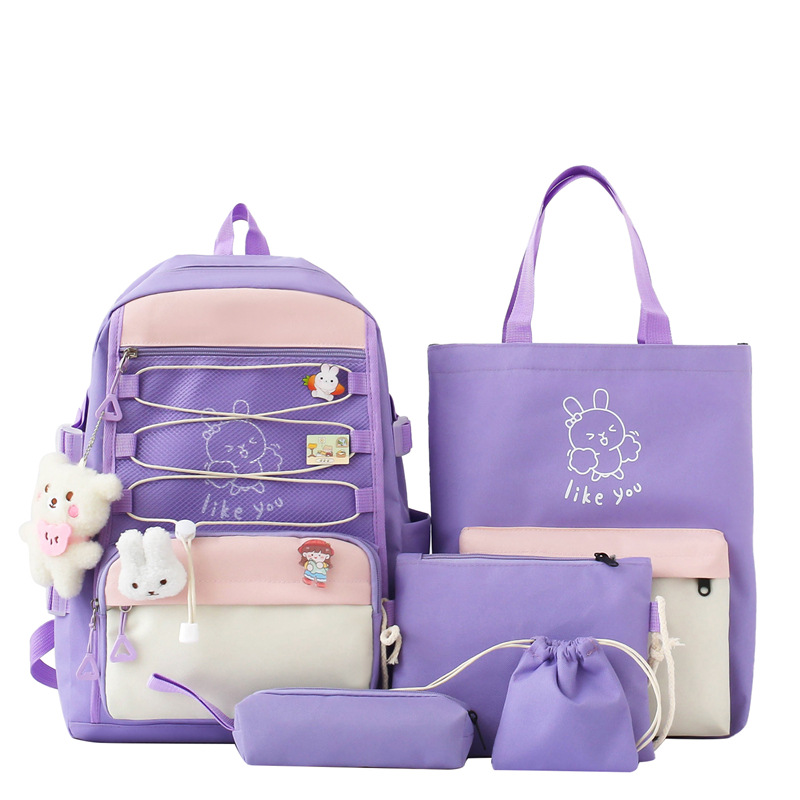 Sac à Dos Multifonctionnel Kawaii Grand Volume Imperméable et Résistant 5Pcs Mauve SACKDS33MV - حقيبة ظهر بعدة قطع بتصميم كاوايي
