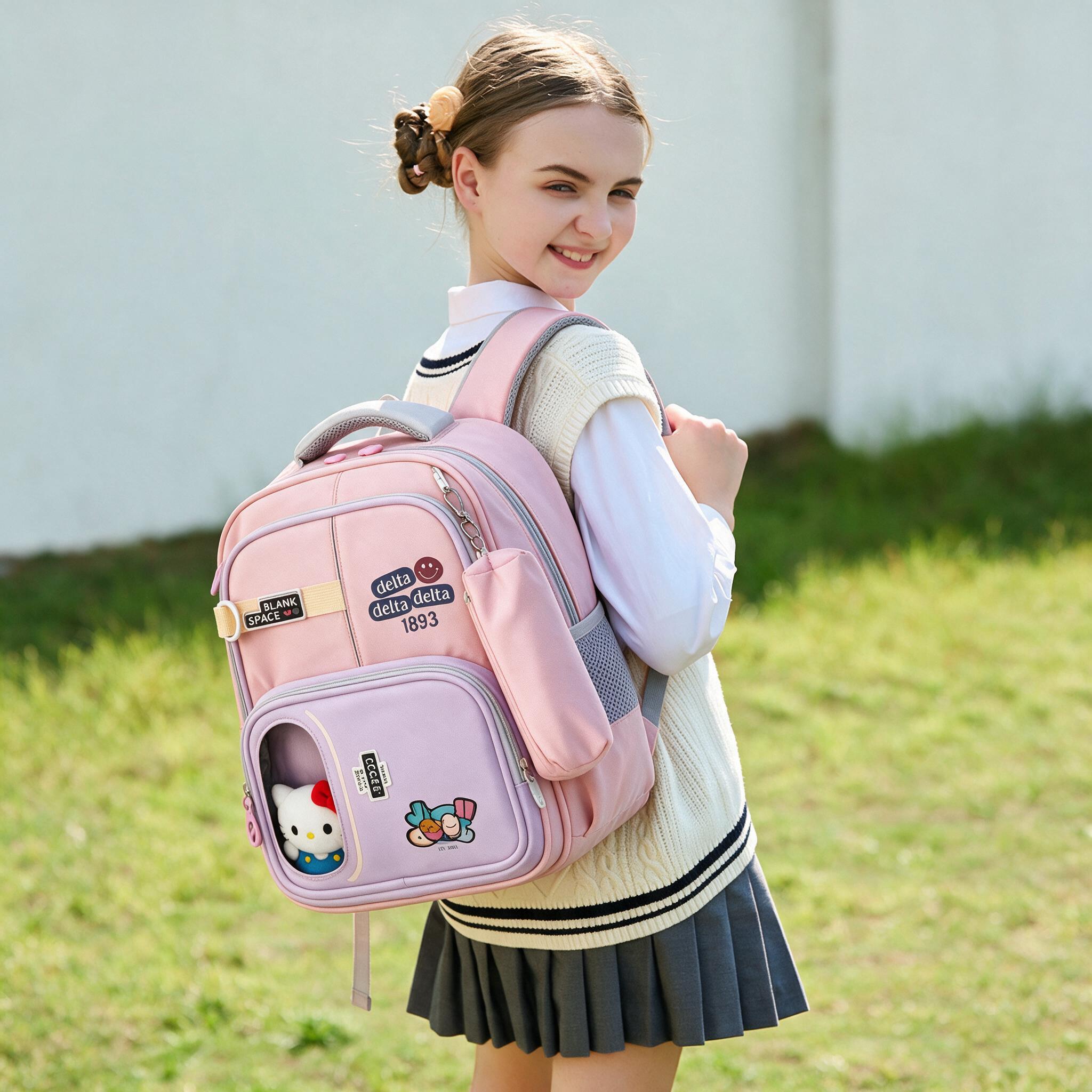 Sac à Dos Scolaire Delta Design Ergonomique avec Trousse et Pendentif Ours Inclus Rose SACKDS35RS - حقيبة ظهر مدرسية عصرية مع مقلمة مدمجة