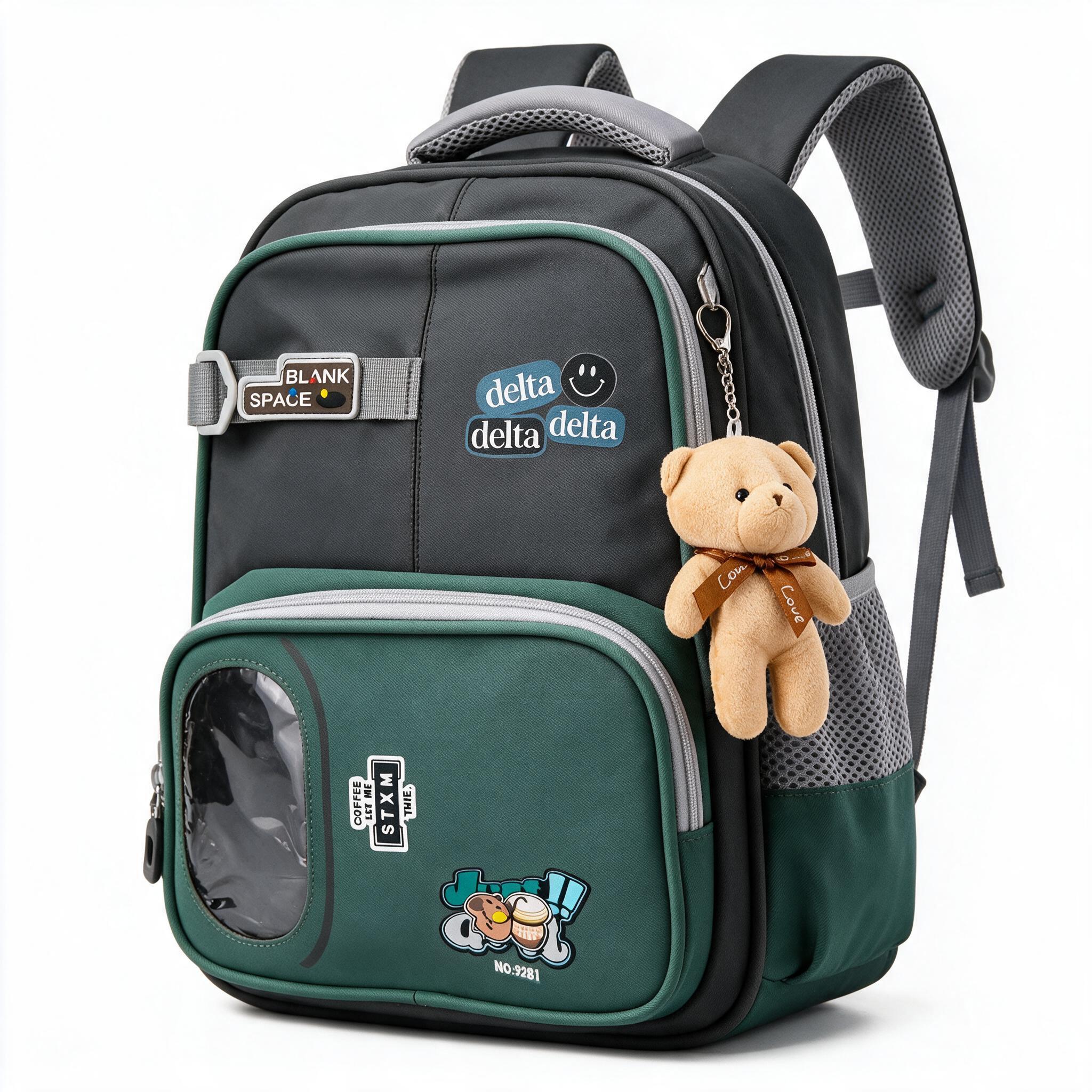 Sac à Dos Scolaire Delta Design Ergonomique avec Trousse et Pendentif Ours Inclus Gris SACKDS35GR - حقيبة ظهر مدرسية عصرية مع مقلمة مدمجة 1