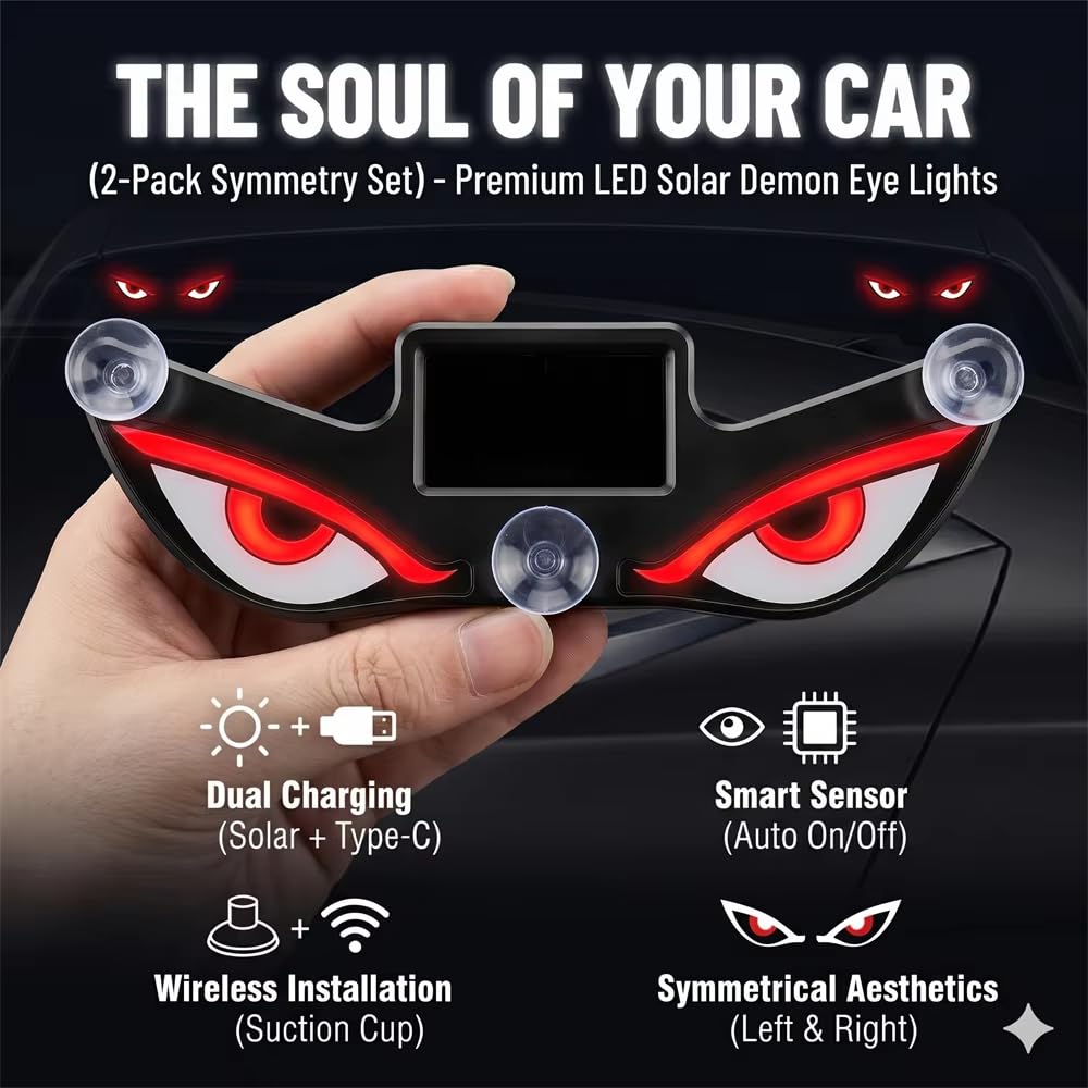 Lampe Signale de Fenêtre Voiture Motif Devil Eye Énergie Solaire et Type-C - مصباح نافذة السيارة ليلي يعمل بالطاقة الشمسية - 5