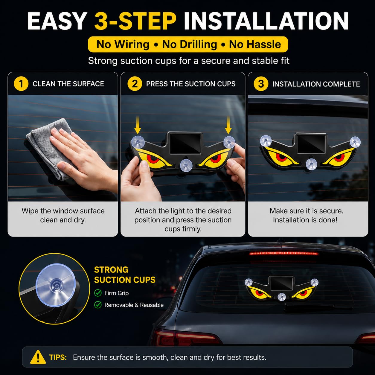 Lampe Signale de Fenêtre Voiture Motif Devil Eye Énergie Solaire et Type-C - مصباح نافذة السيارة ليلي يعمل بالطاقة الشمسية - 8