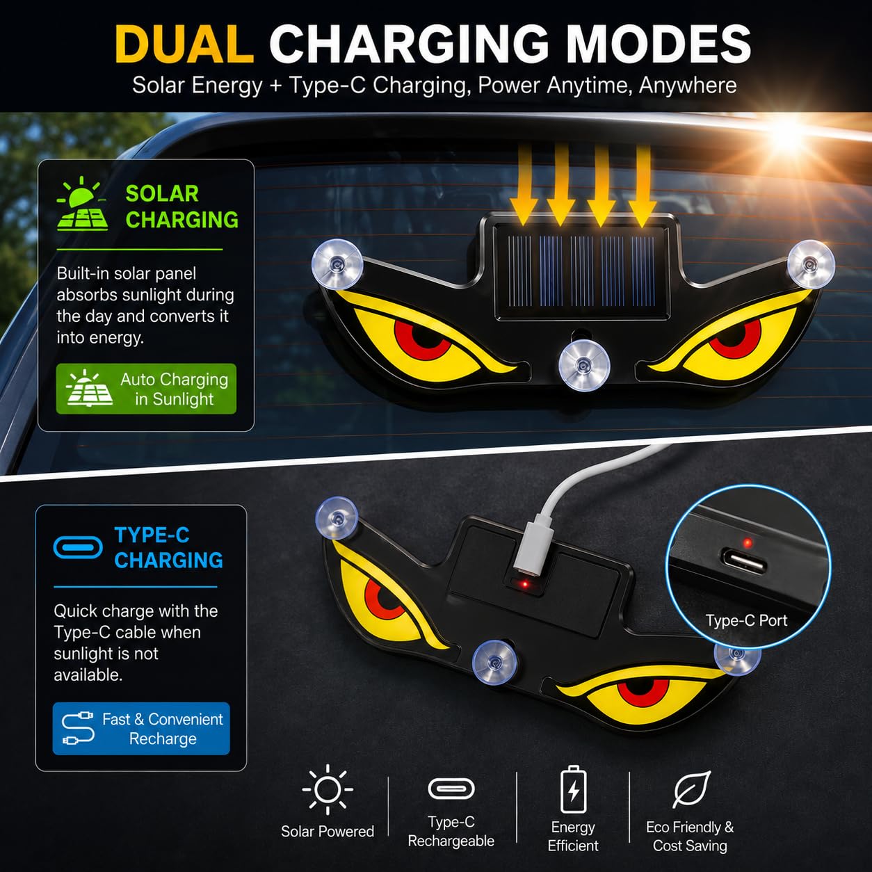 Lampe Signale de Fenêtre Voiture Motif Devil Eye Énergie Solaire et Type-C - مصباح نافذة السيارة ليلي يعمل بالطاقة الشمسية - 10
