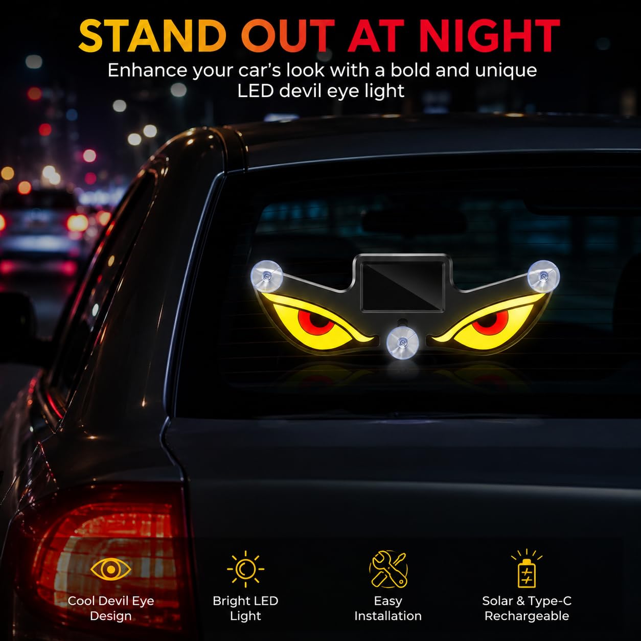 Lampe Signale de Fenêtre Voiture Motif Devil Eye Énergie Solaire et Type-C - مصباح نافذة السيارة ليلي يعمل بالطاقة الشمسية 4