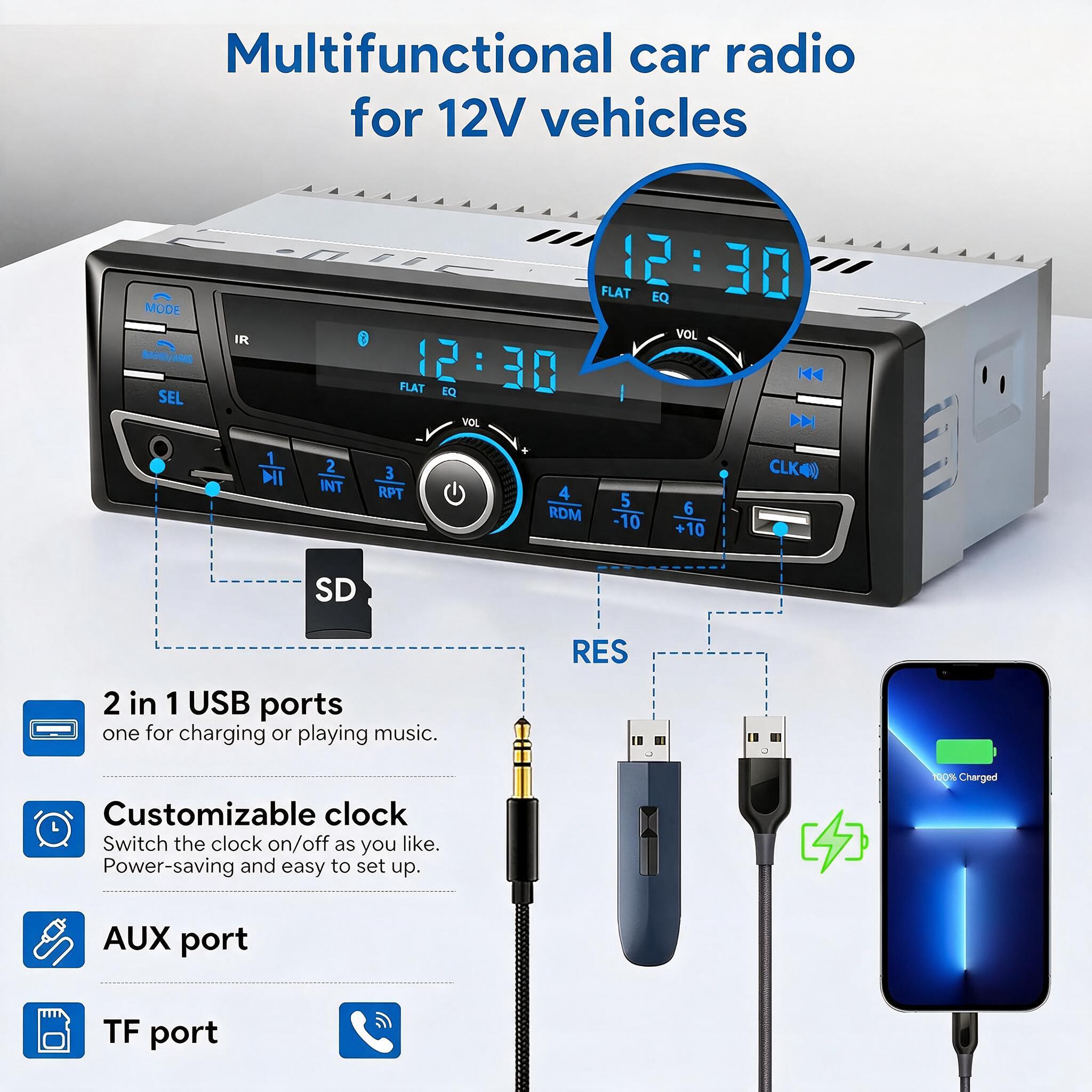 Autoradio Bluetooth 1-DIN avec Égaliseur DSP et Éclairage 7 Couleurs SP0707 - راديو سيارة بلوتوث مع ميزان صوت وإضاءة 7 ألوان - 1