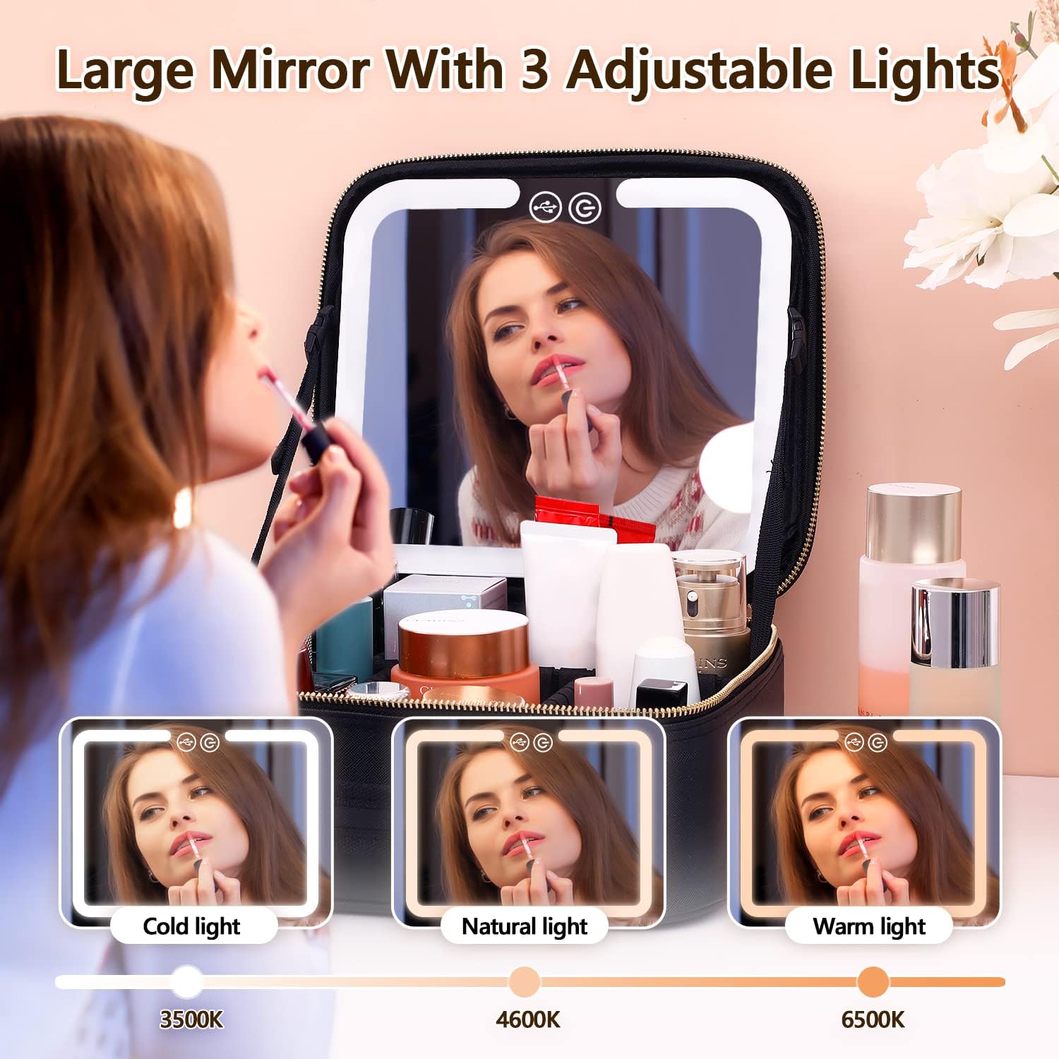 Trousse de Maquillage et Voyage avec Miroir LED Intégré 3 Modes de Lumière - حقيبة تنظيم المكياج والسفر مع مرآة مضيئة - 7