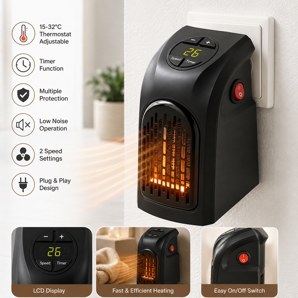 Chauffage Murale Portable Electrique 350W 2