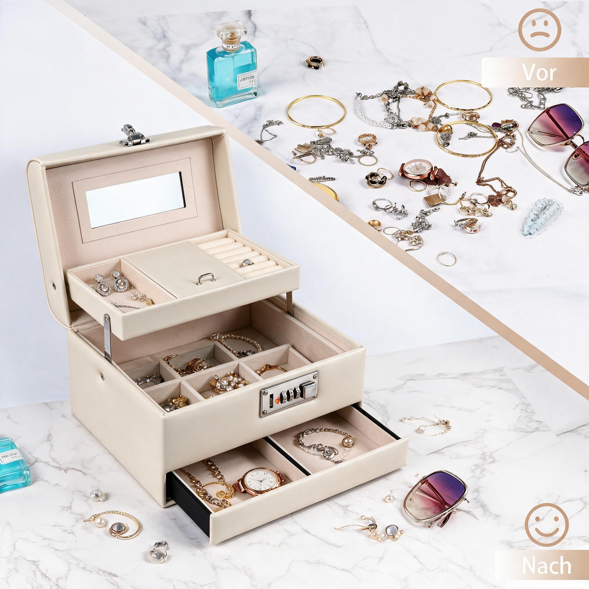 Boîte à Bijoux Élégante avec Miroir et Serrure Tiroir Coulissant et Compartiments Multiples - صندوق تنظيم وحفظ المجوهرات الأنيق مع مرآة وقفل أمان - 5