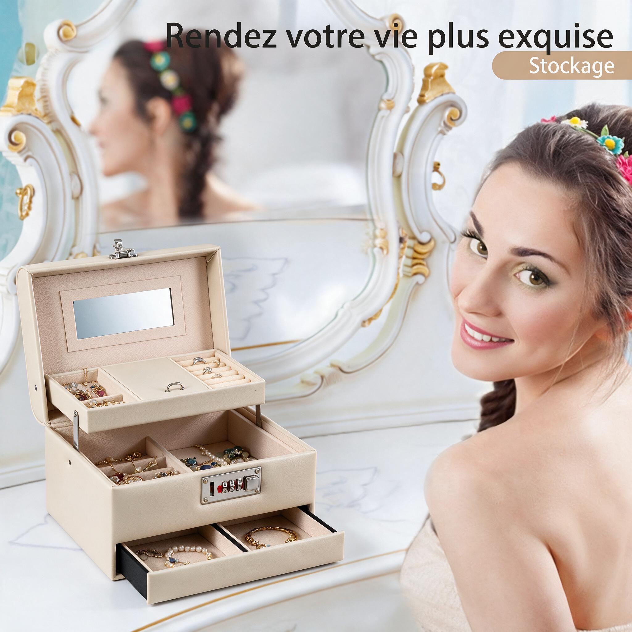 Boîte à Bijoux Élégante avec Miroir et Serrure Tiroir Coulissant et Compartiments Multiples - صندوق تنظيم وحفظ المجوهرات الأنيق مع مرآة وقفل أمان 5