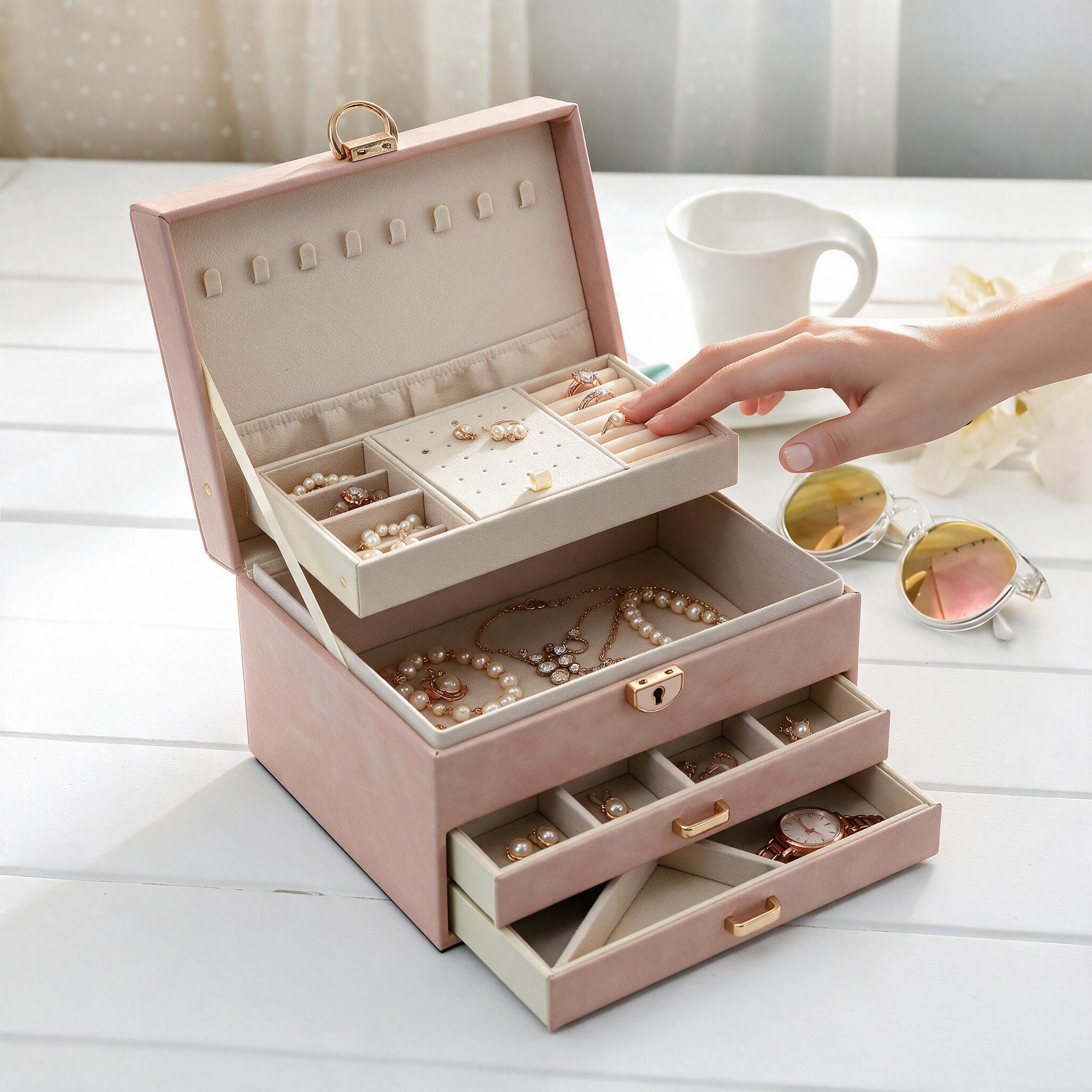 Boîte à Bijoux 3 Niveaux avec Serrure de Sécurité Doublure Velours Pour Bagues, Colliers et Bracelets - صندوق تنظيم وحفظ المجوهرات بثلاث طبقات 1