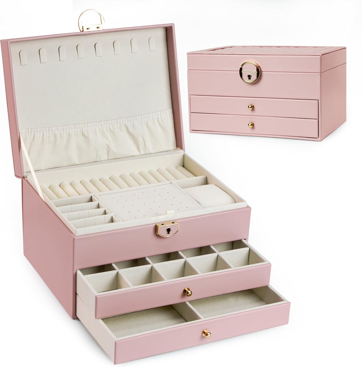 Boîte à Bijoux 3 Niveaux avec Serrure de Sécurité Doublure Velours Pour Bagues, Colliers et Bracelets - صندوق تنظيم وحفظ المجوهرات بثلاث طبقات 3