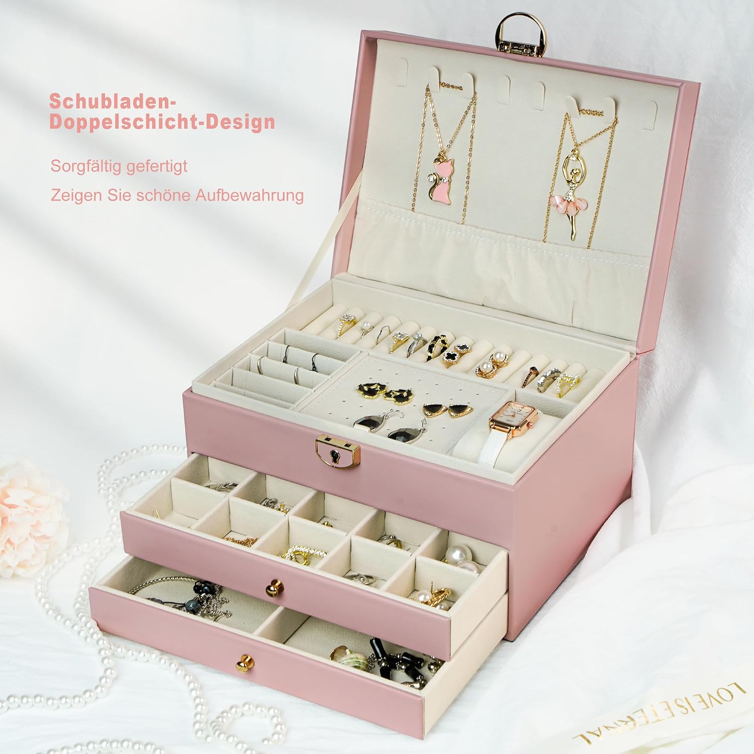 Boîte à Bijoux 3 Niveaux avec Serrure de Sécurité Doublure Velours Pour Bagues, Colliers et Bracelets - صندوق تنظيم وحفظ المجوهرات بثلاث طبقات 4