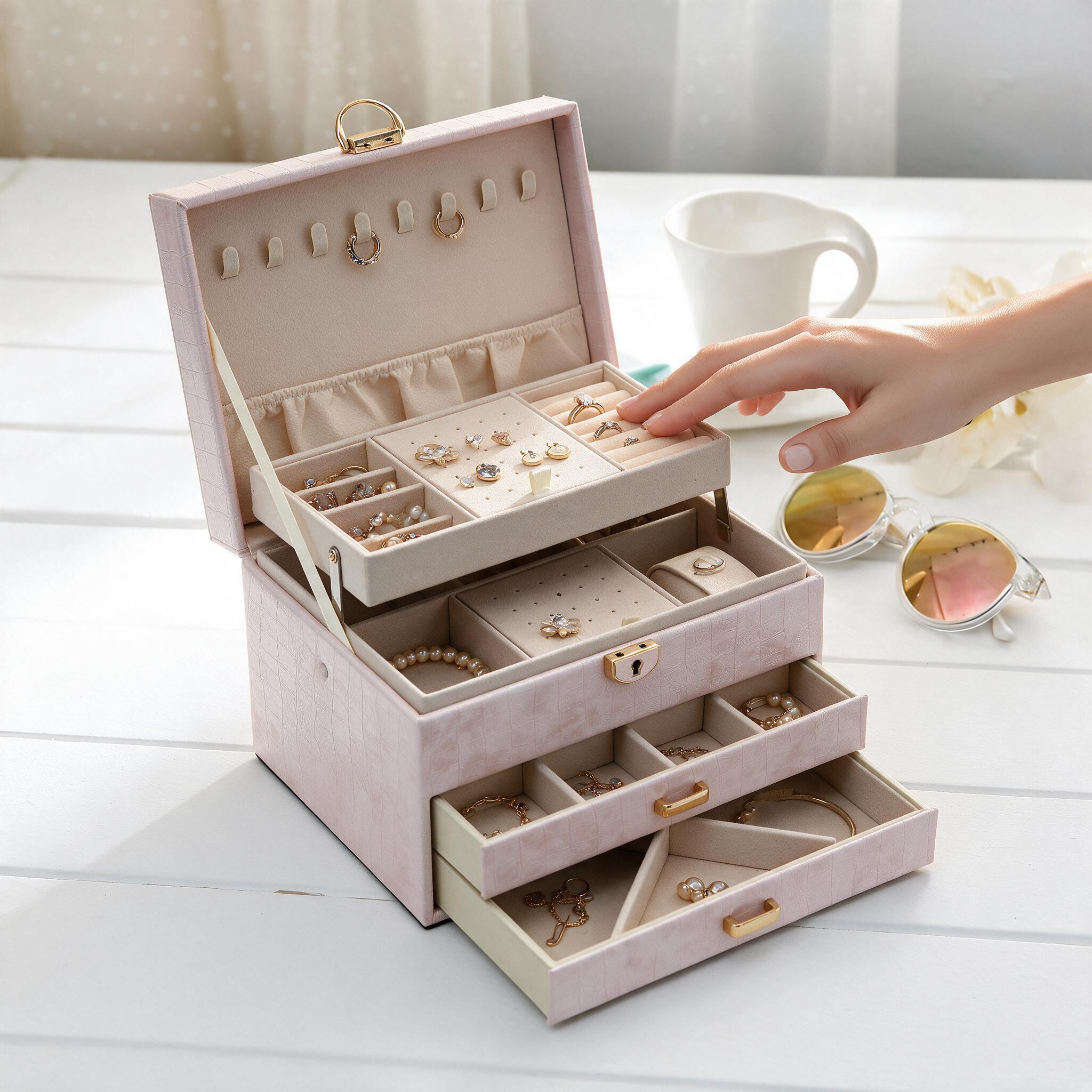 Boîte à Bijoux 3 Niveaux avec Serrure de Sécurité Doublure Velours Pour Bagues, Colliers et Bracelets - صندوق تنظيم وحفظ المجوهرات بثلاث طبقات - 8