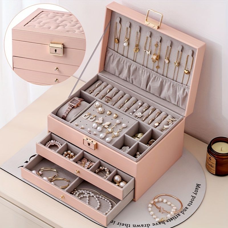 Boîte à Bijoux 3 Niveaux avec Serrure de Sécurité Doublure Velours Pour Bagues, Colliers et Bracelets - صندوق تنظيم وحفظ المجوهرات بثلاث طبقات - 12