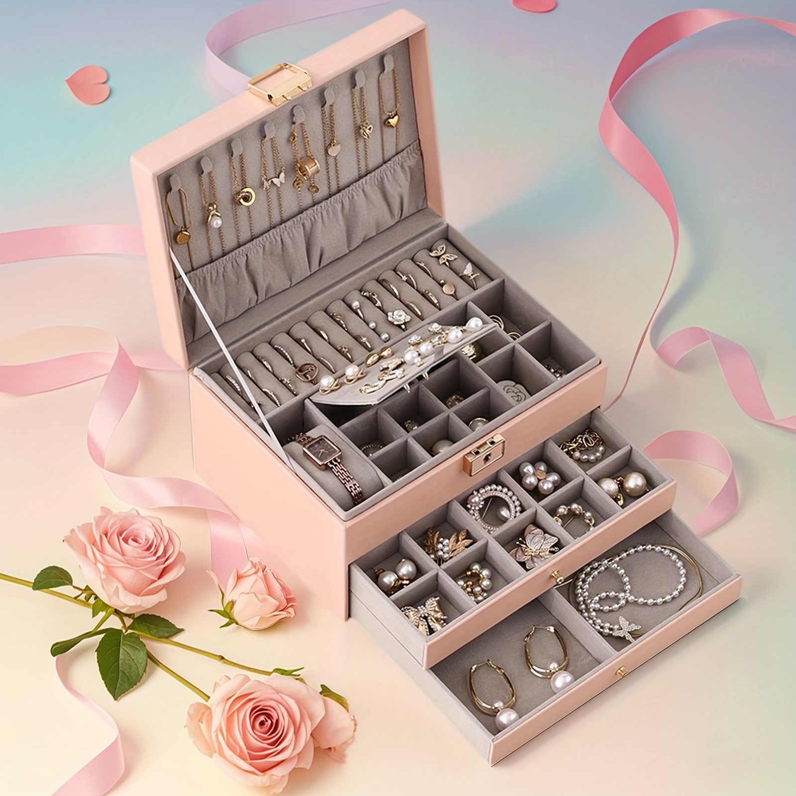 Boîte à Bijoux 3 Niveaux avec Serrure de Sécurité Doublure Velours Pour Bagues, Colliers et Bracelets - صندوق تنظيم وحفظ المجوهرات بثلاث طبقات 10