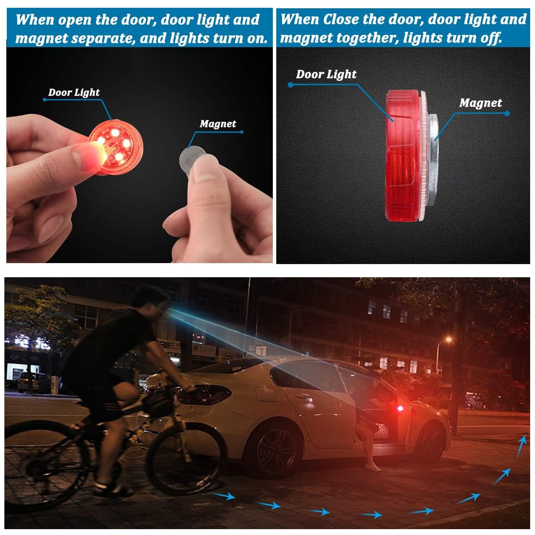 Feux d'Avertissement LED Sans Fil pour Portes de Voiture Capteur Magnétique 4Pcs - مصابيح تحذيرية لاسلكية لأبواب السيارة مضادة للتصادم 12