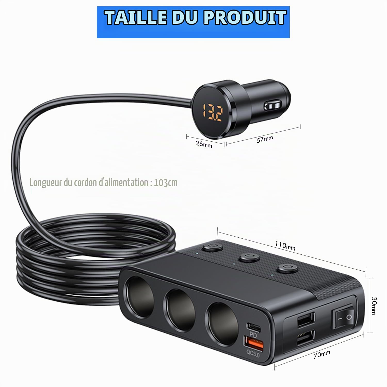 Multi-Prise Allume-Ciga_re Voiture 127W Ports QC3.0 et PD - موزع مأخذ ولاعة السيارة المتعدد مع شواحن سريعة وزر تحكم - 2