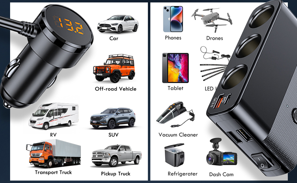 Multi-Prise Allume-Ciga_re Voiture 127W Ports QC3.0 et PD - موزع مأخذ ولاعة السيارة المتعدد مع شواحن سريعة وزر تحكم - 1