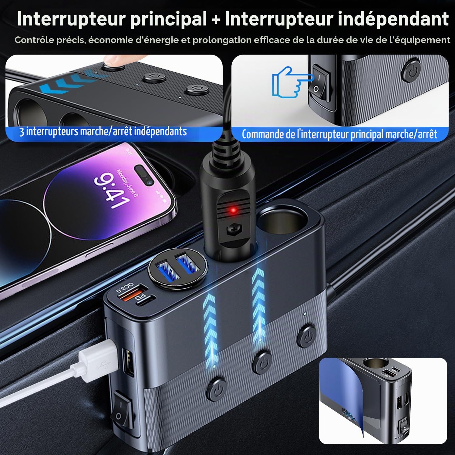 Multi-Prise Allume-Ciga_re Voiture 127W Ports QC3.0 et PD - موزع مأخذ ولاعة السيارة المتعدد مع شواحن سريعة وزر تحكم - 5