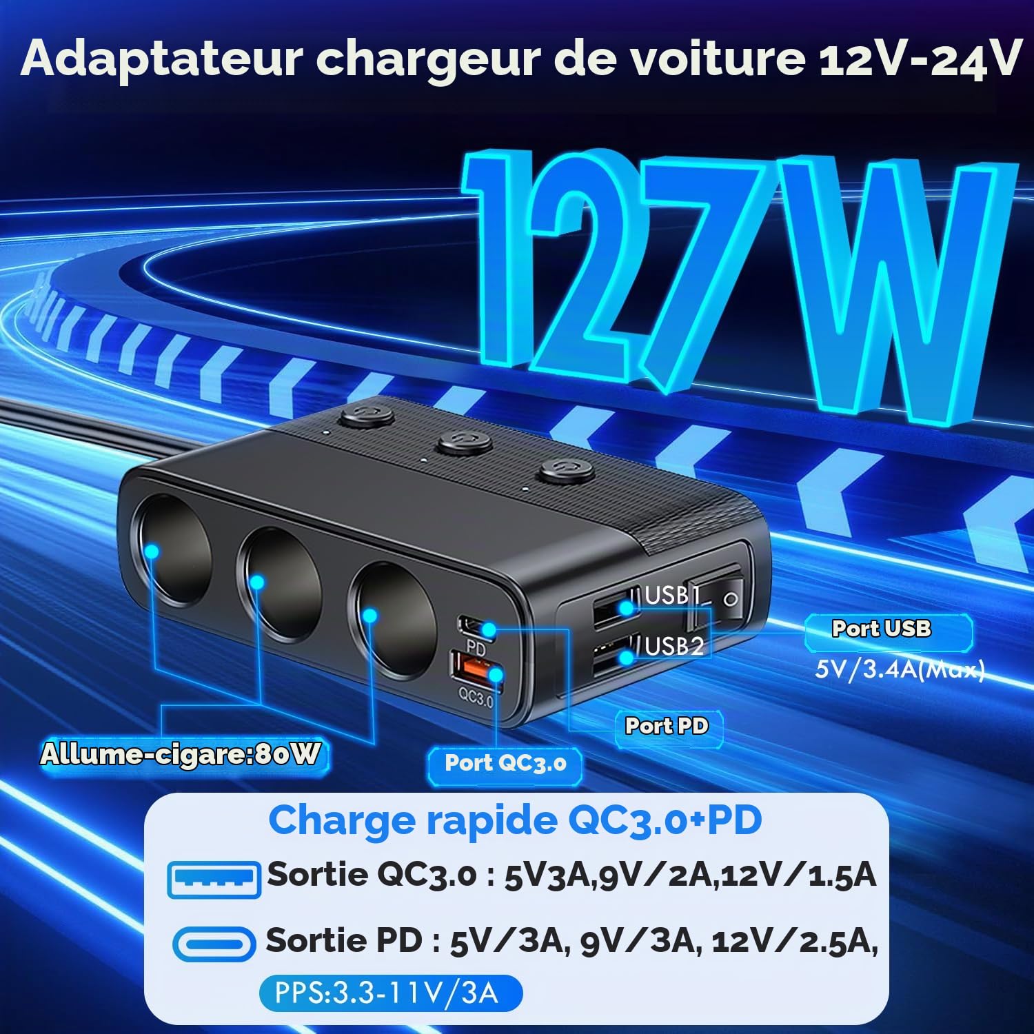Multi-Prise Allume-Ciga_re Voiture 127W Ports QC3.0 et PD - موزع مأخذ ولاعة السيارة المتعدد مع شواحن سريعة وزر تحكم - 6