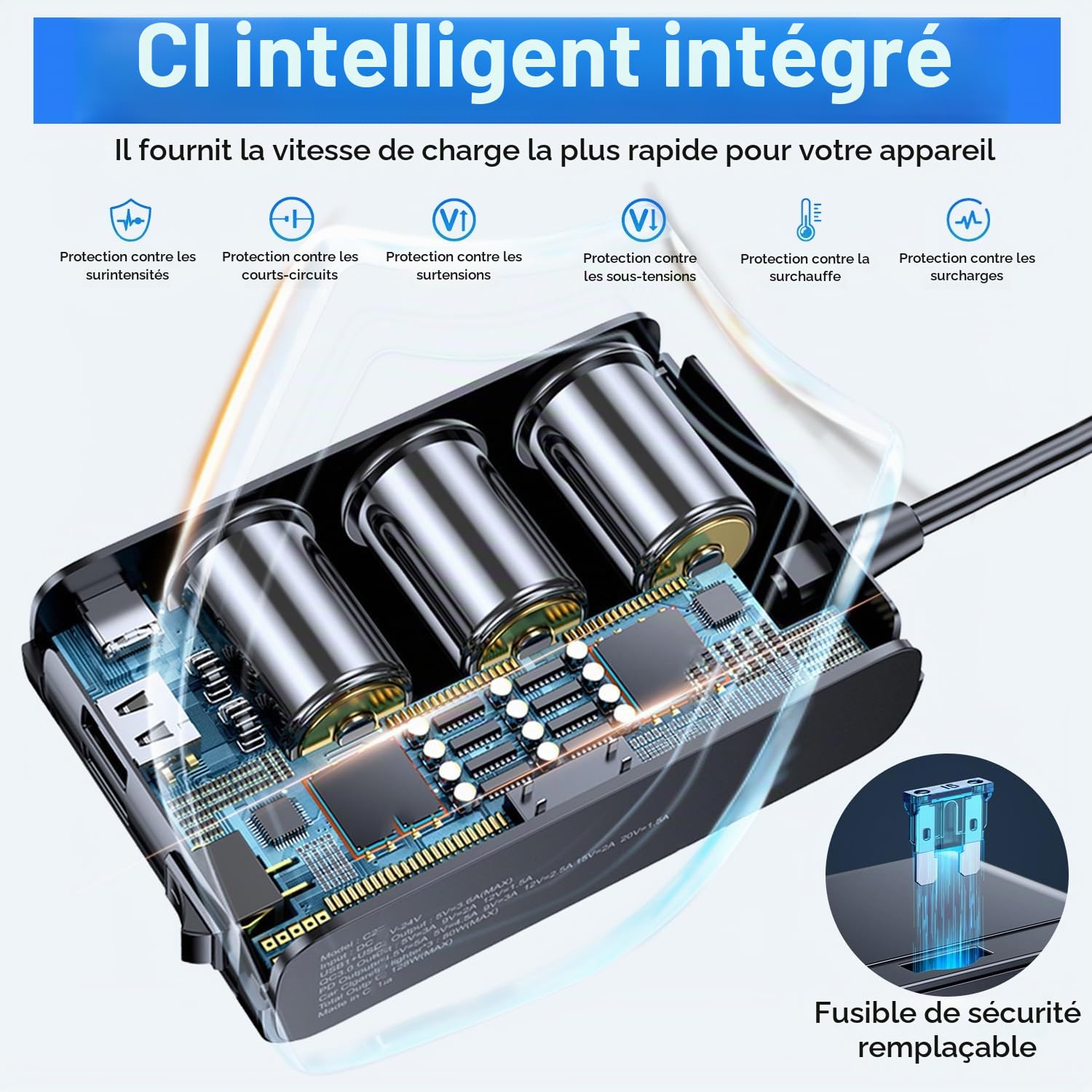 Multi-Prise Allume-Ciga_re Voiture 127W Ports QC3.0 et PD - موزع مأخذ ولاعة السيارة المتعدد مع شواحن سريعة وزر تحكم - 4