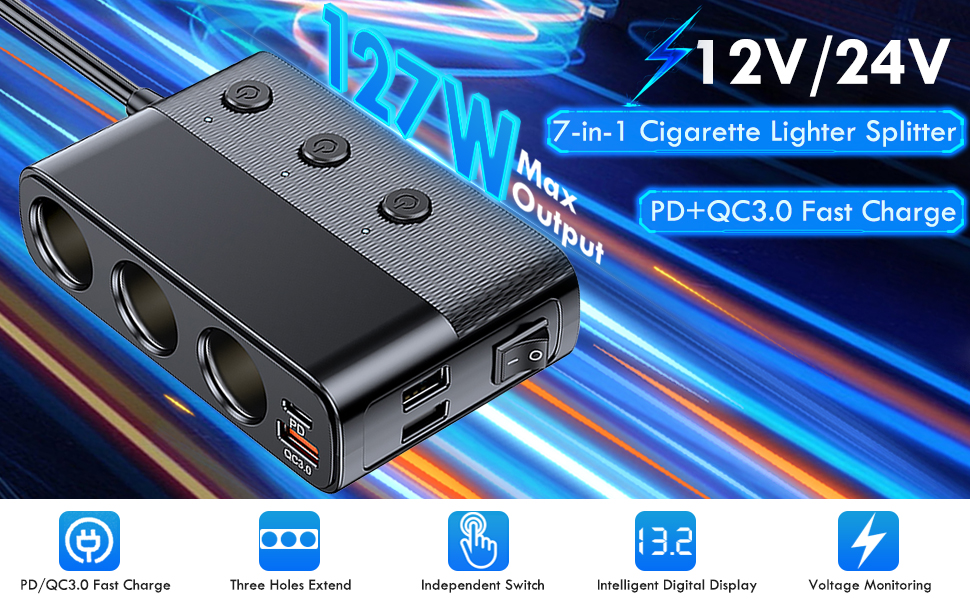 Multi-Prise Allume-Ciga_re Voiture 127W Ports QC3.0 et PD - موزع مأخذ ولاعة السيارة المتعدد مع شواحن سريعة وزر تحكم - 12