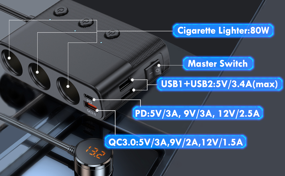 Multi-Prise Allume-Ciga_re Voiture 127W Ports QC3.0 et PD - موزع مأخذ ولاعة السيارة المتعدد مع شواحن سريعة وزر تحكم - 10