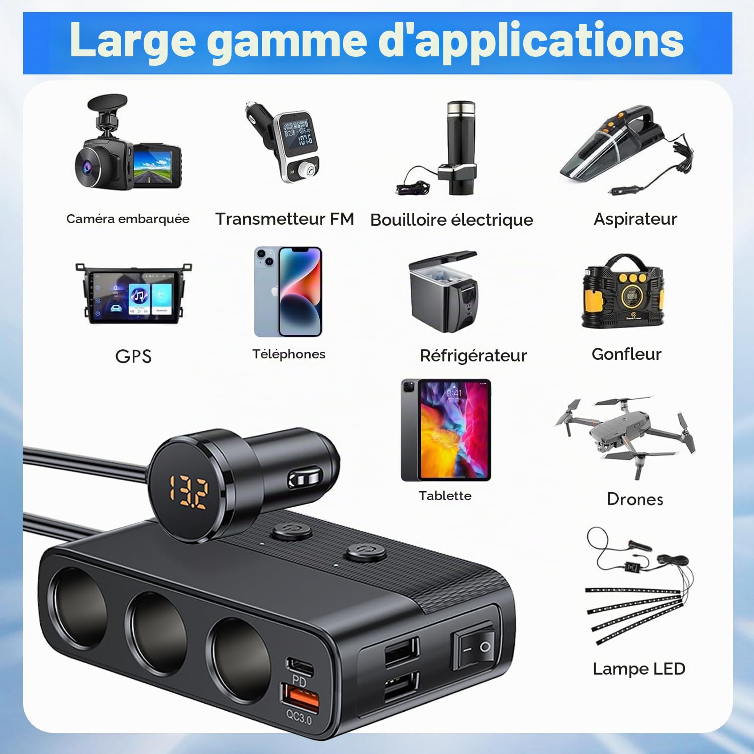Multi-Prise Allume-Ciga_re Voiture 127W Ports QC3.0 et PD - موزع مأخذ ولاعة السيارة المتعدد مع شواحن سريعة وزر تحكم 4