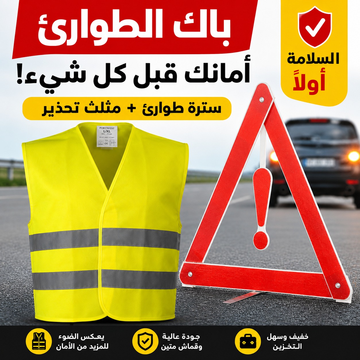 Kit de Sécurité Routière pour Voiture Gilet Fluo Réfléchissant et Triangle de Signalisation d'Urgence - باك الطوارئ للسيارات سترة عاكسة مع مثلث تحذير 1