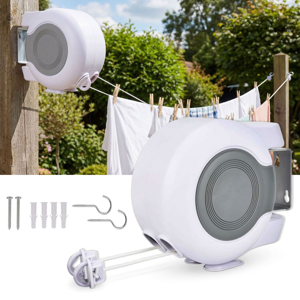 Double Corde à Linge Rétractable Automatique 30m Fixation Murale 2 Lignes Indépendantes - حبل غسيل أوتوماتيكي مزدوج قابل للسحب بطول 30 متراً (15×2) 2