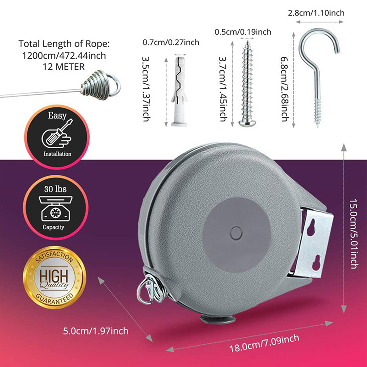 Corde à Linge Rétractable Automatique 15m Fixation Murale Supporte 10kg - حبل غسيل ملابس أوتوماتيكي قابل للسحب بطول 15 متراً - 5