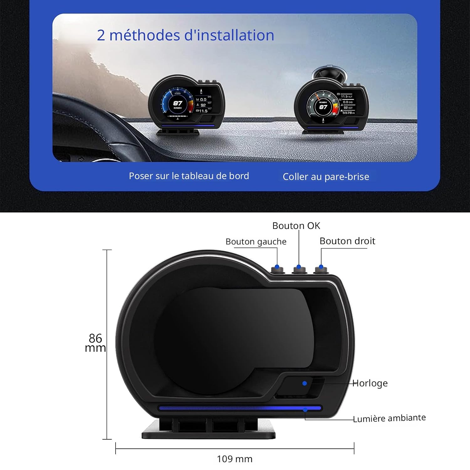 Afficheur Tête Haute HUD Intelligent Pour Voiture Système Double OBD2 + GPS 10 Alarme de Vitesse et Écran LCD - عداد السرعة الرقمي والشاشة الذكية للسيارة نظام مزدوج - 3