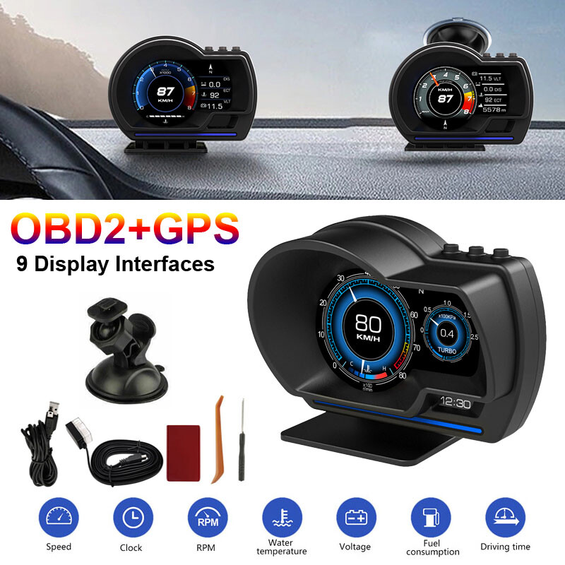 Afficheur Tête Haute HUD Intelligent Pour Voiture Système Double OBD2 + GPS 10 Alarme de Vitesse et Écran LCD - عداد السرعة الرقمي والشاشة الذكية للسيارة نظام مزدوج 2