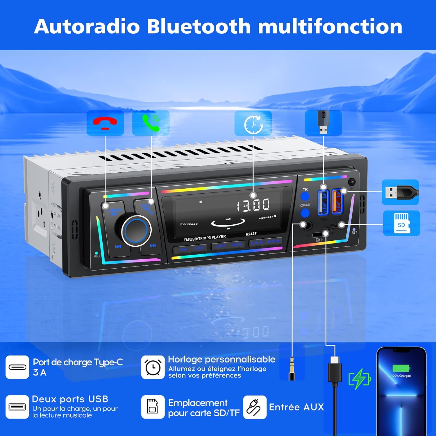 Autoradio Bluetooth 5.0 1DIN Charge Rapide USB et Type-C, Éclairage Personnalisable DSP et RDS - راديو سيارة بلوتوث مع منفذي شحن  - 1