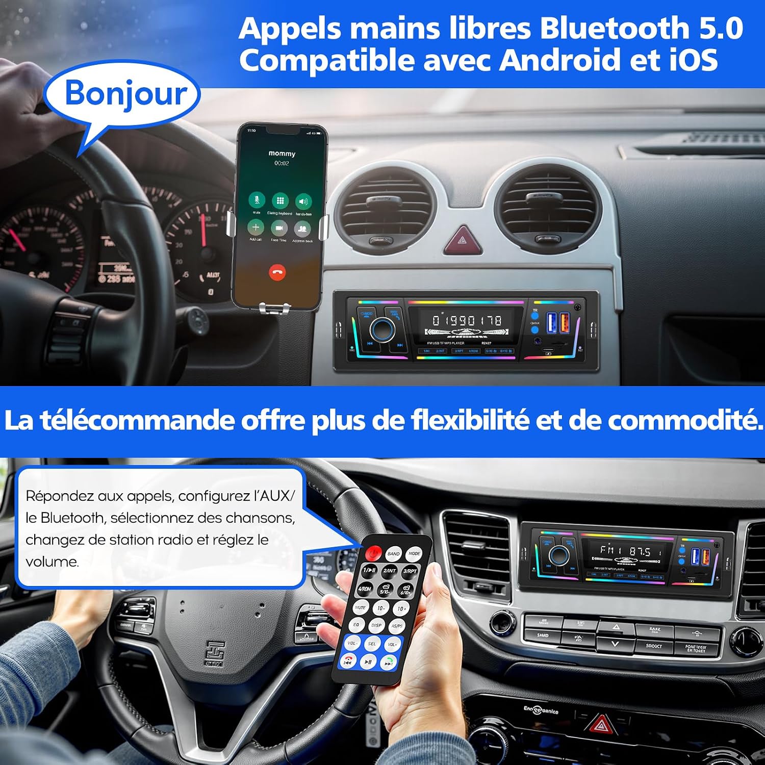Autoradio Bluetooth 5.0 1DIN Charge Rapide USB et Type-C, Éclairage Personnalisable DSP et RDS - راديو سيارة بلوتوث مع منفذي شحن - 4