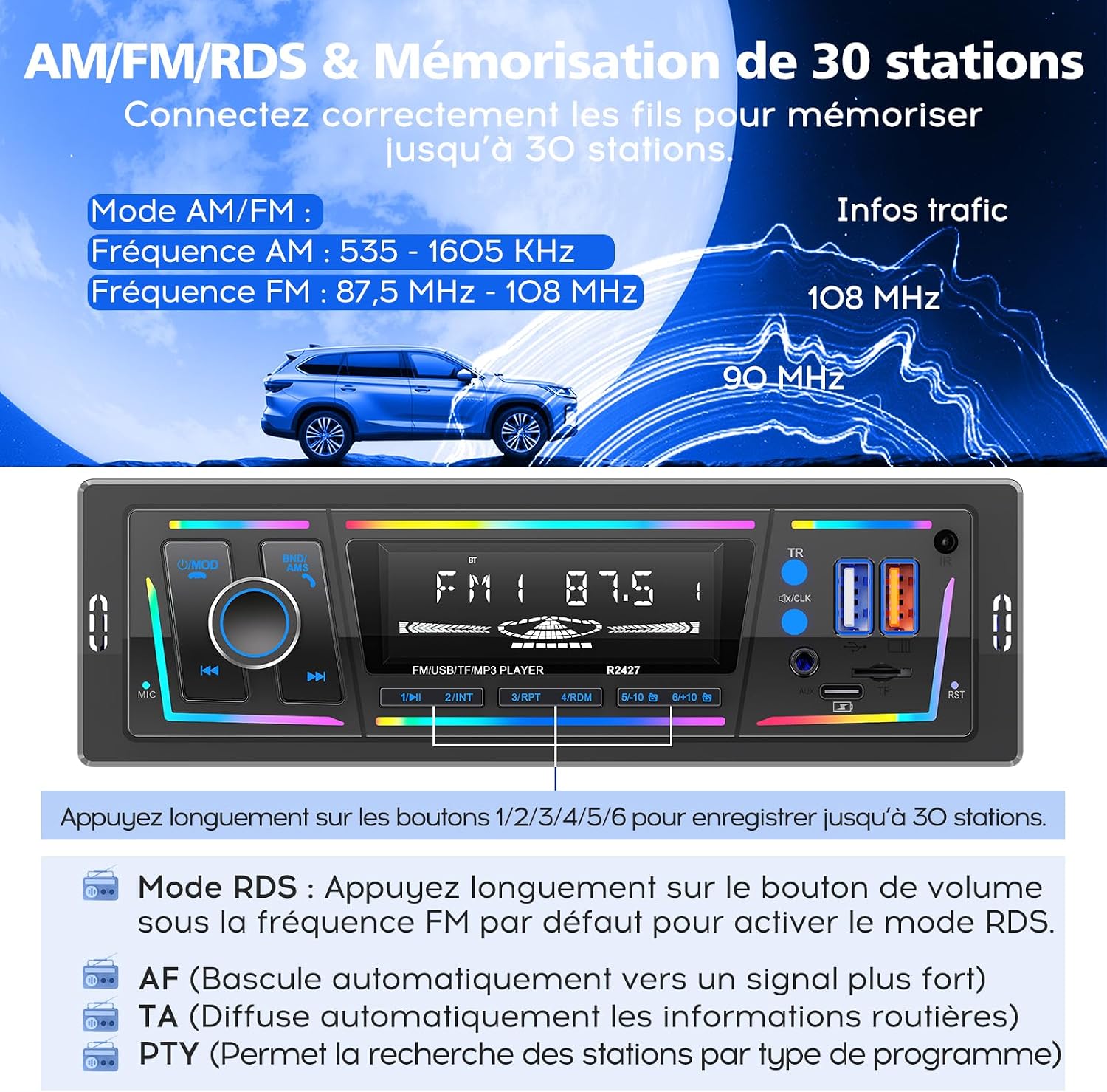 Autoradio Bluetooth 5.0 1DIN Charge Rapide USB et Type-C, Éclairage Personnalisable DSP et RDS - راديو سيارة بلوتوث مع منفذي شحن - 8
