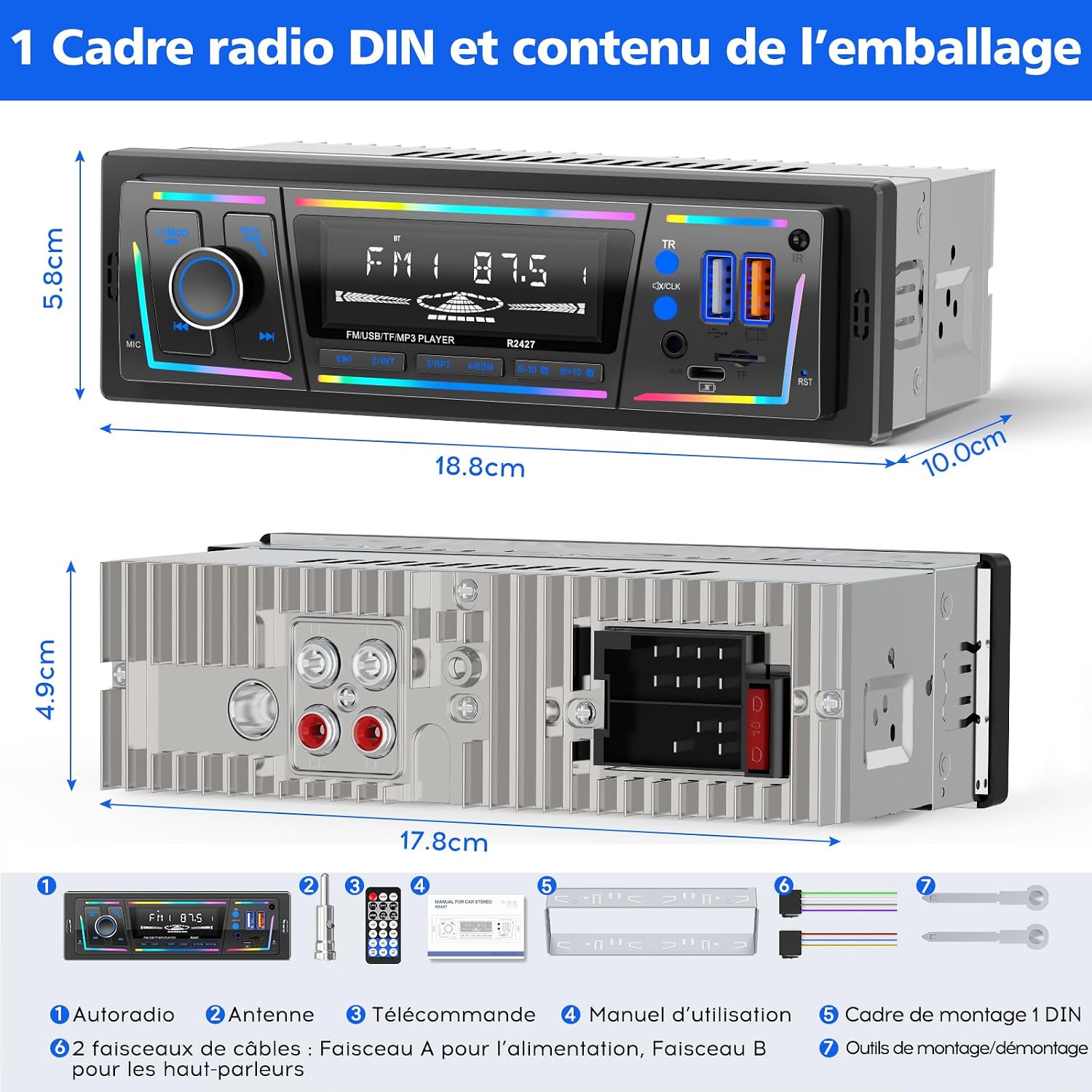 Autoradio Bluetooth 5.0 1DIN Charge Rapide USB et Type-C, Éclairage Personnalisable DSP et RDS - راديو سيارة بلوتوث مع منفذي شحن 3