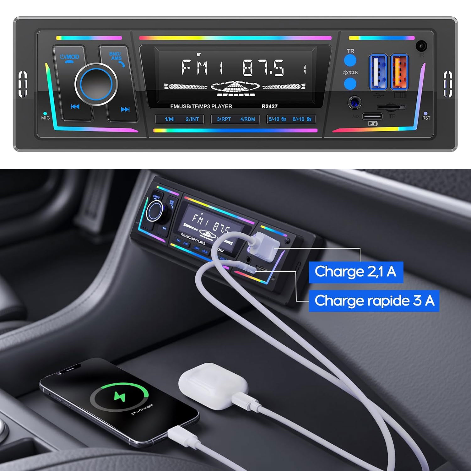 Autoradio Bluetooth 5.0 1DIN Charge Rapide USB et Type-C, Éclairage Personnalisable DSP et RDS - راديو سيارة بلوتوث مع منفذي شحن 1