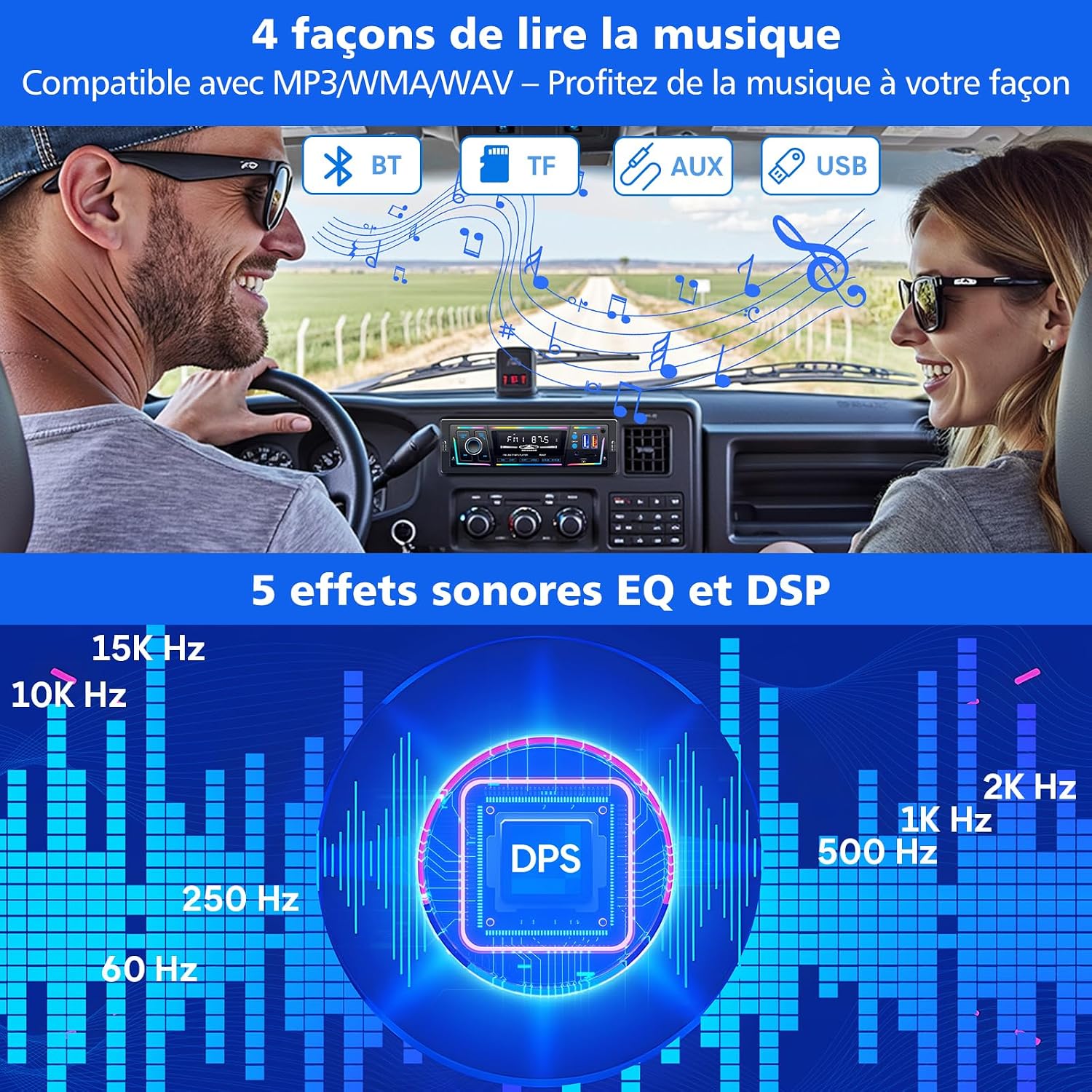 Autoradio Bluetooth 5.0 1DIN Charge Rapide USB et Type-C, Éclairage Personnalisable DSP et RDS - راديو سيارة بلوتوث مع منفذي شحن 6