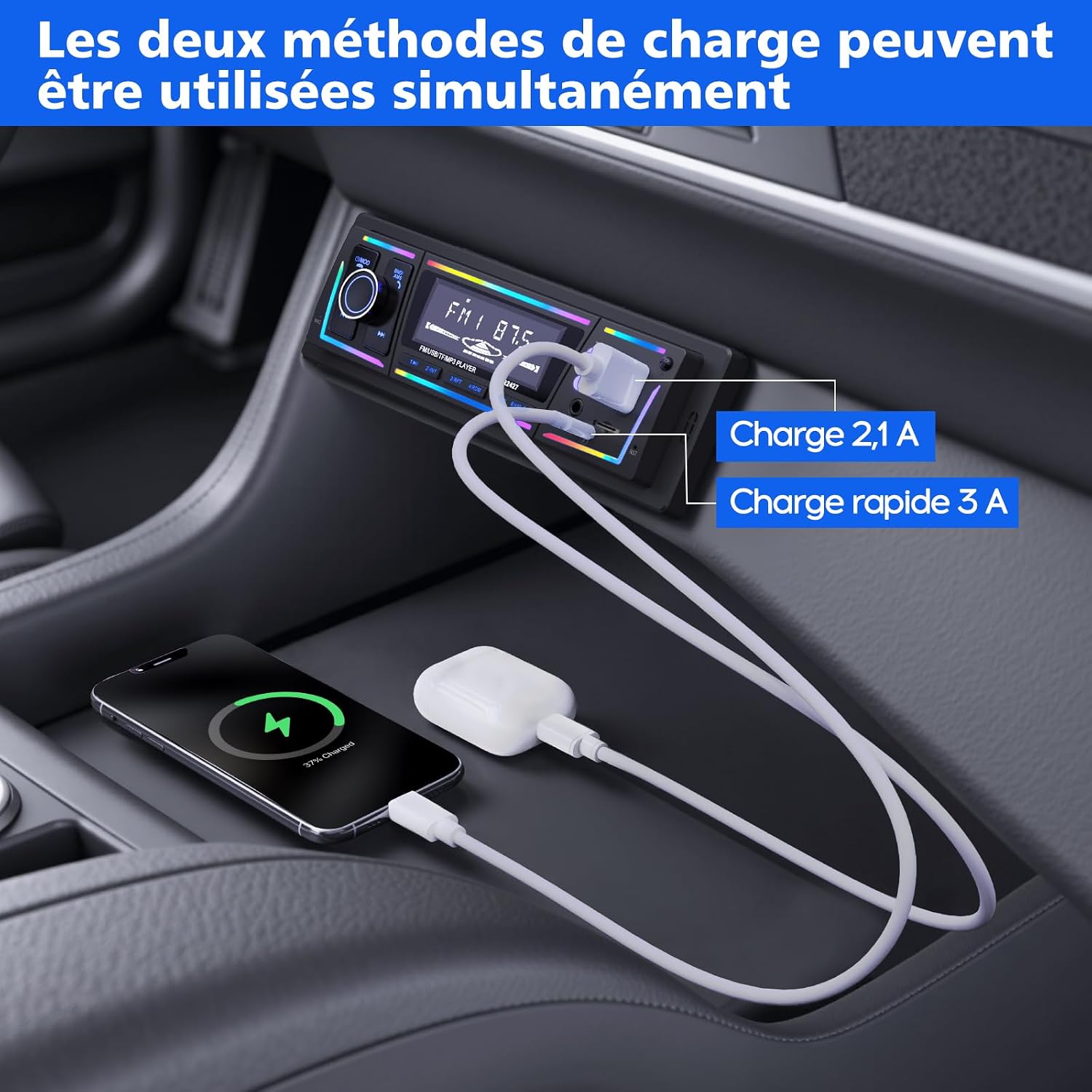 Autoradio Bluetooth 5.0 1DIN Charge Rapide USB et Type-C, Éclairage Personnalisable DSP et RDS - راديو سيارة بلوتوث مع منفذي شحن 4